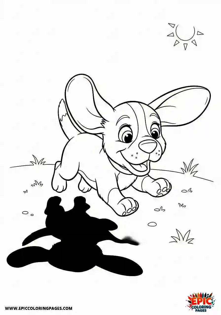 Beagle Cartoon style beagle pup trying to catch its own shadow on a sunny day