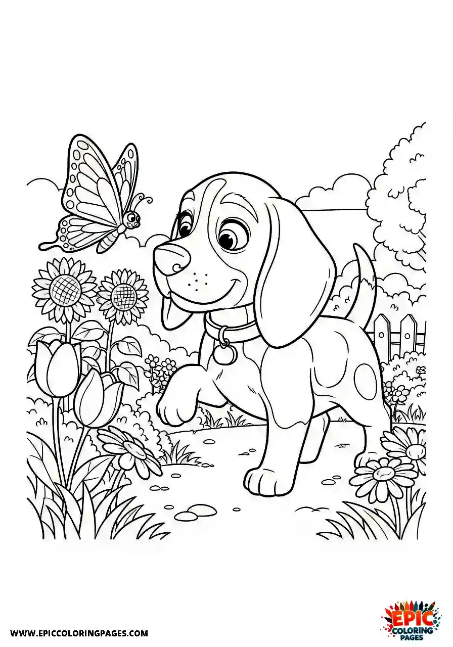 Beagle Cartoon style beagle puppy exploring a garden alongside a butterfly guide