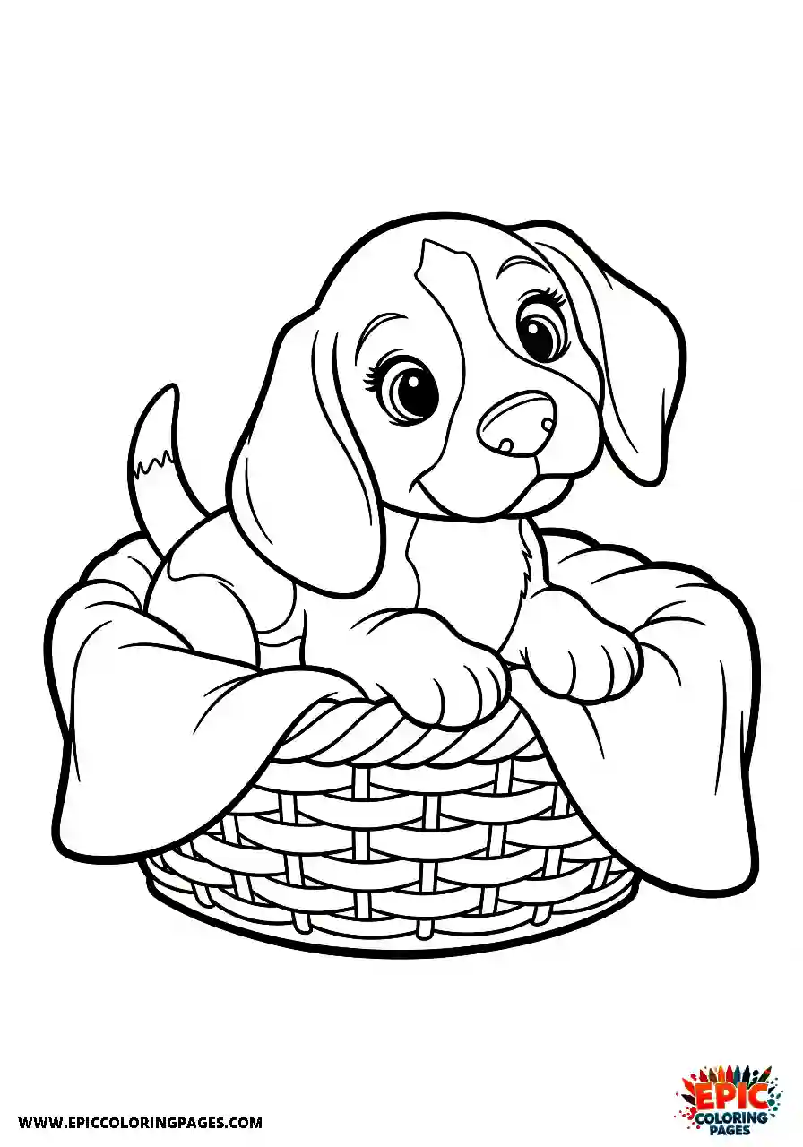 Beagle Cartoon style beagle tiny puppy nestled in a basket with a warm blanket