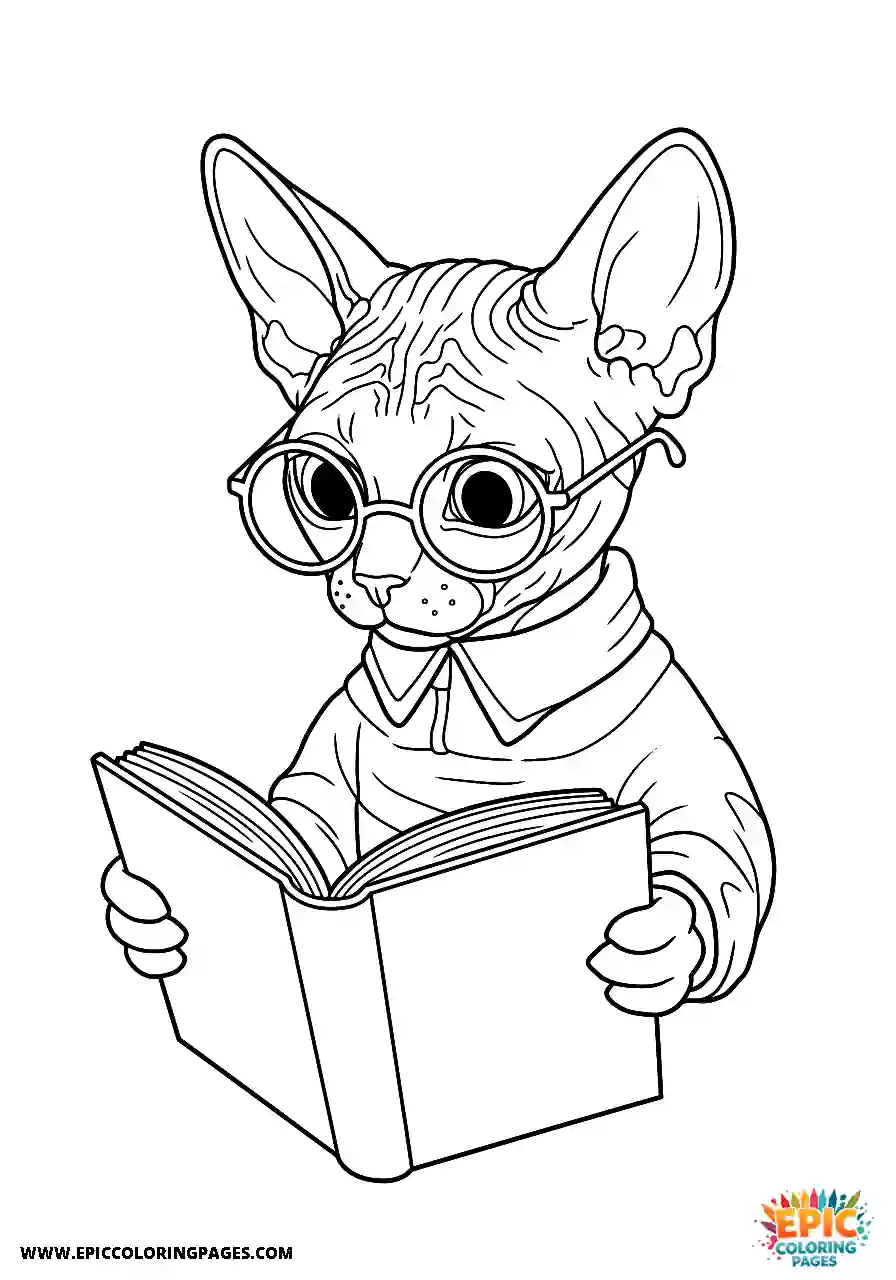 Sphynx Cartoon style sphynx cat reading a book with tiny glasses