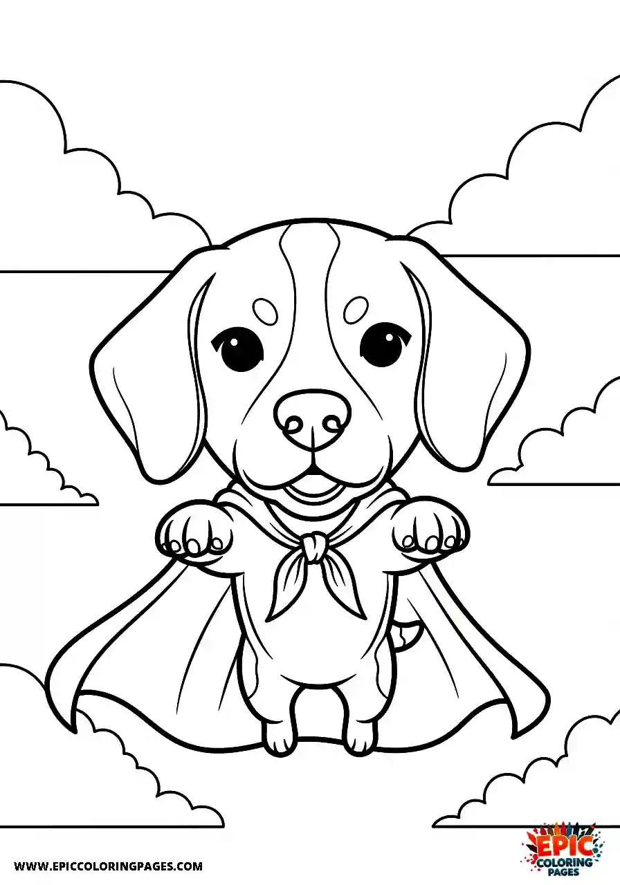 Beagle Chibi style beagle harrier dog soaring through the air dressed as a hero