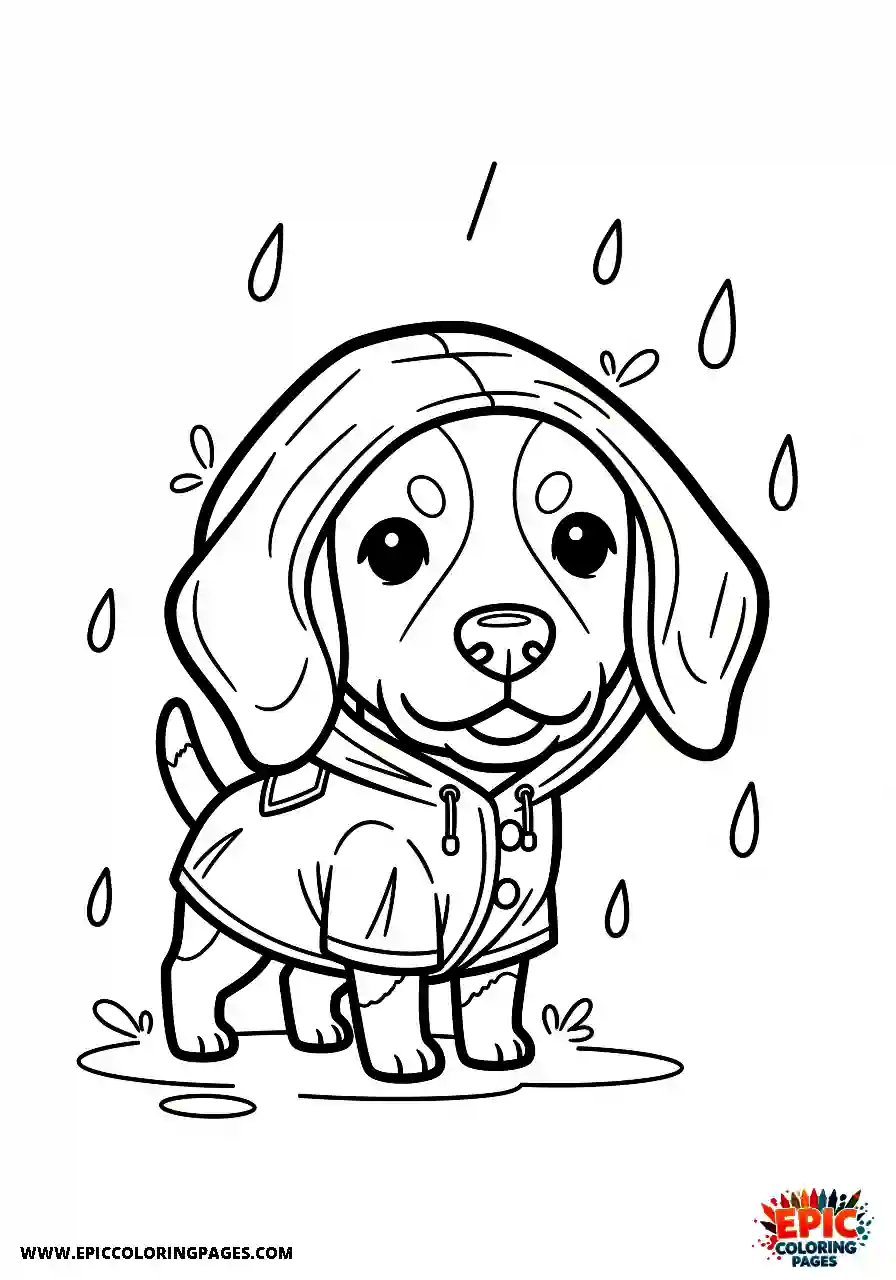 Beagle Chibi style beagle harrier dog wearing a raincoat in the rain cheerfully