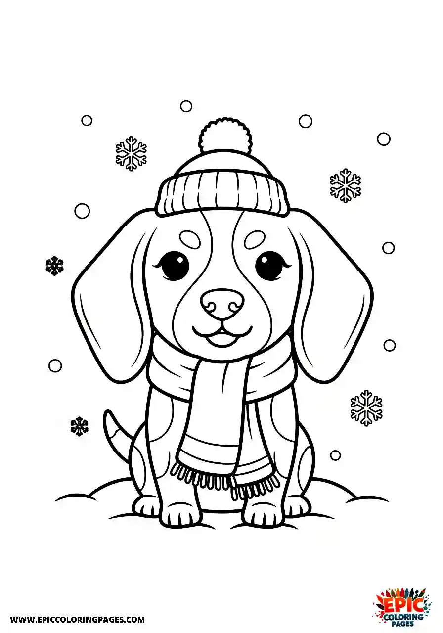 Beagle Chibi style beagle harrier dog wearing a winter scarf and hat in the snow