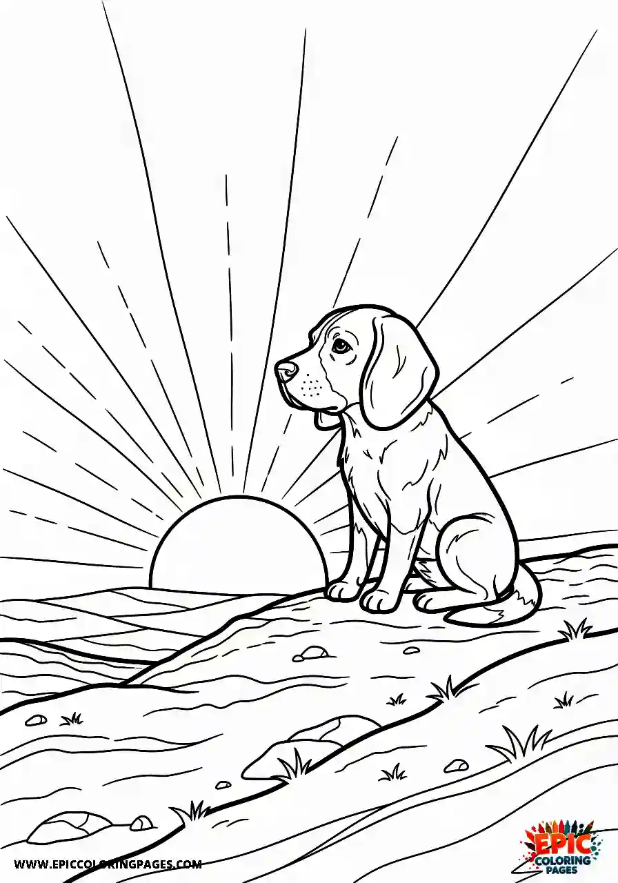 Beagle Chibi style beagle harrier pet watching the sunset from a hilltop thoughtfully