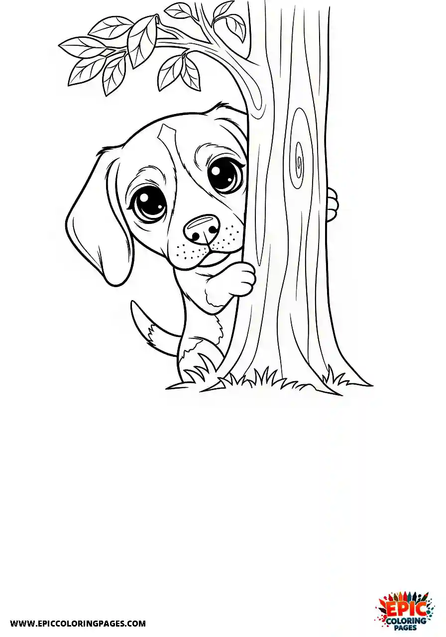 Beagle Chibi style beagle harrier pup peeking out from behind a tree playfully