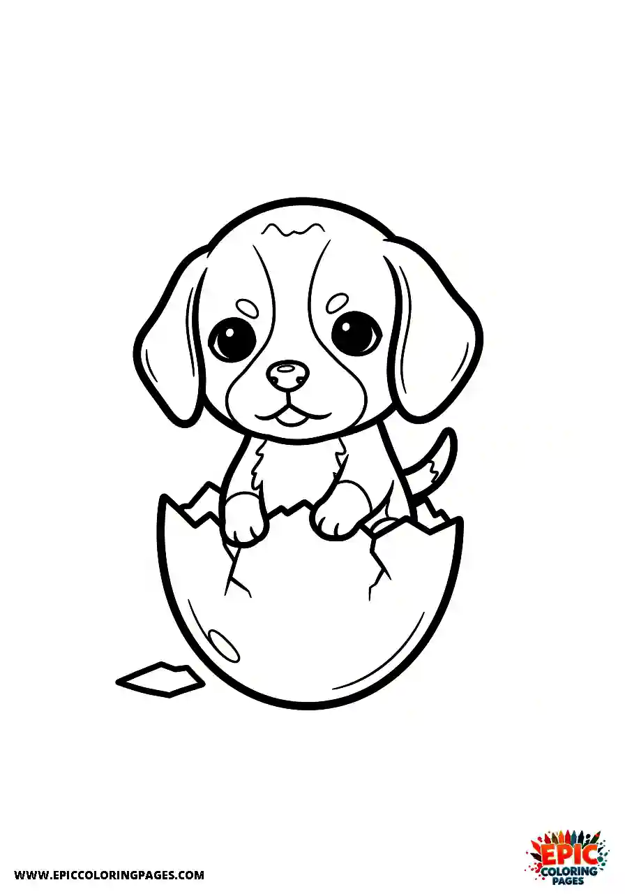 Beagle Chibi style beagle hatching from a cracked egg with a surprised look
