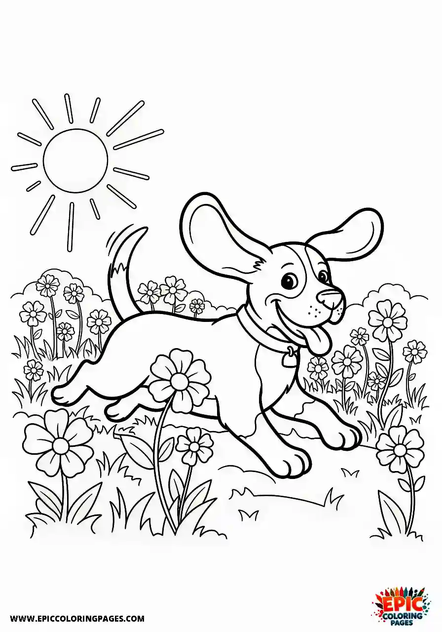 Beagle Cute cartoon style beagle pup sprinting across a blooming meadow