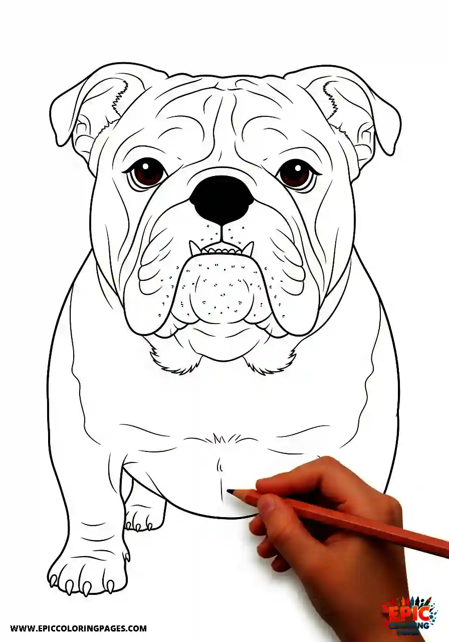 English Bulldog coloring Page featuring a cute pup outlined with thick lines, making it super easy and relaxing to fill in.