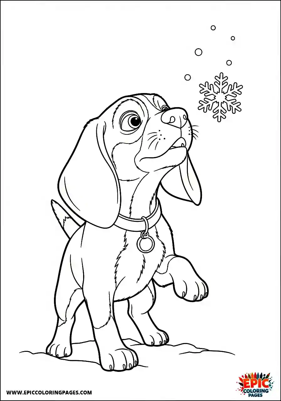 Beagle Joyful beagle harrier playing outside while trying to eat falling winter snow