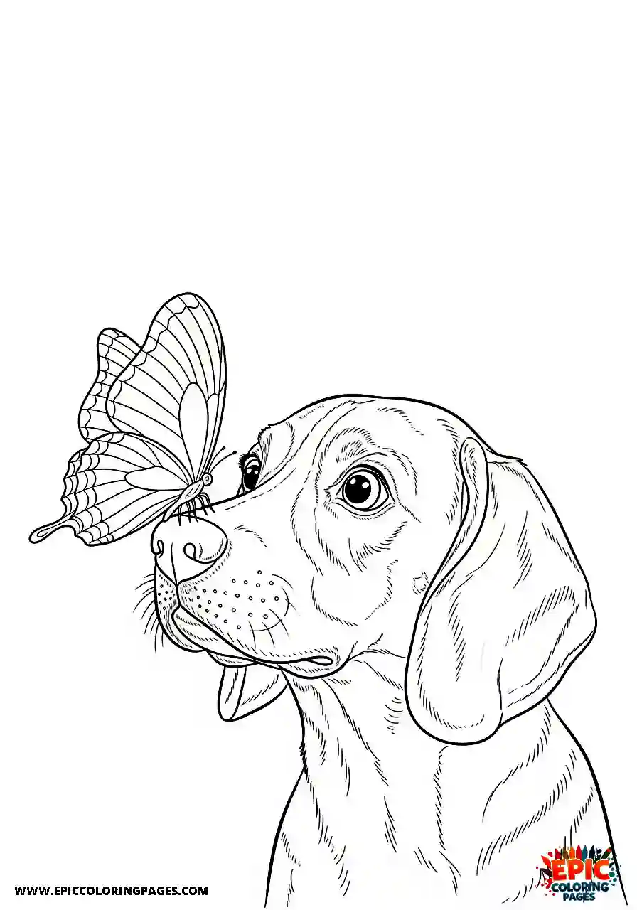 Beagle Kawaii style beagle harrier dog inspecting an insect perched on its snout