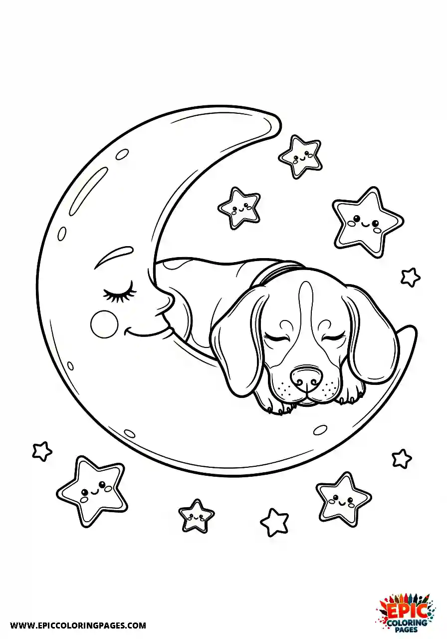 Beagle Kawaii style beagle harrier resting deeply on a beautiful floating moon