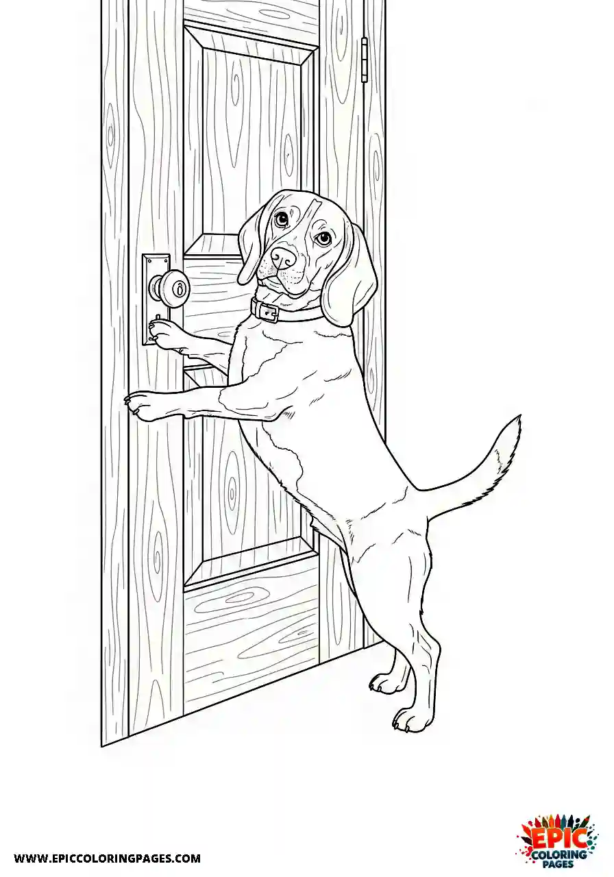 Beagle Line art style beagle cute pet pawing at the door wanting to go outside