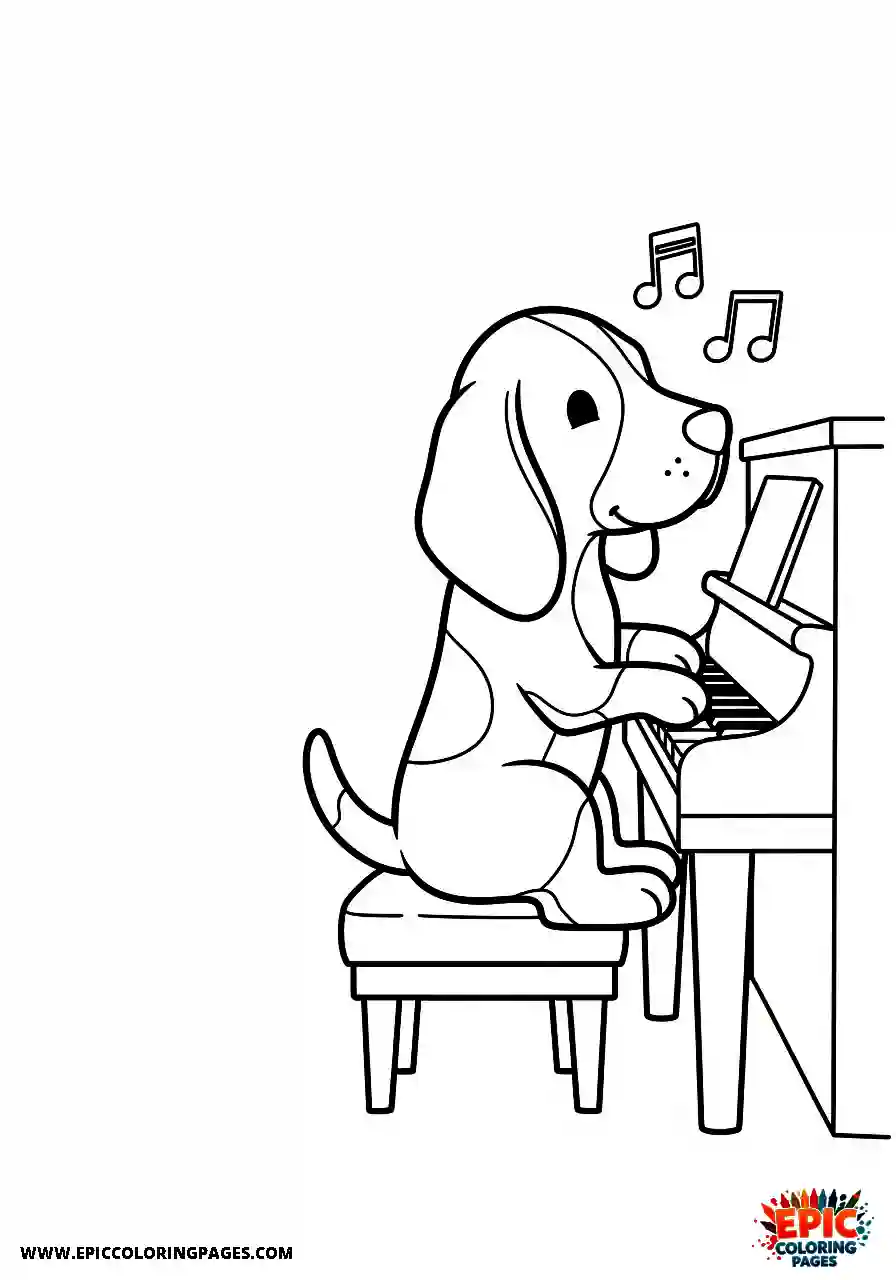 Beagle Line art style beagle harrier pup performing on a keyboard