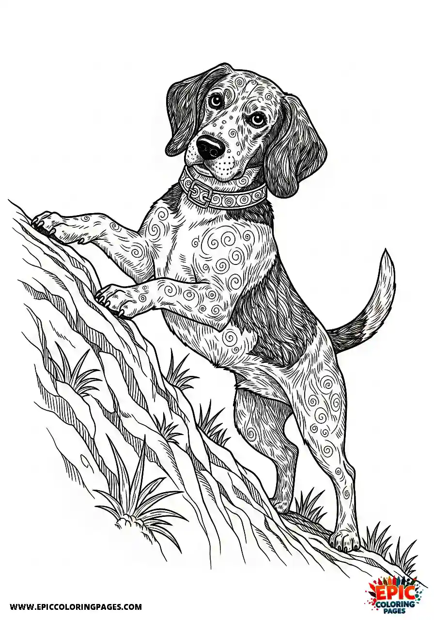 Beagle Manga style beagle harrier climbing a small hill with determination