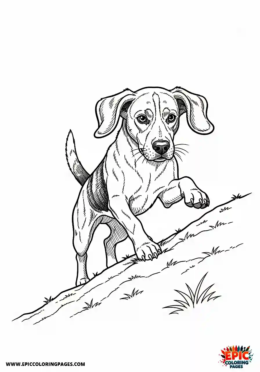 Beagle Manga style beagle harrier hound ascending a slope with resolve