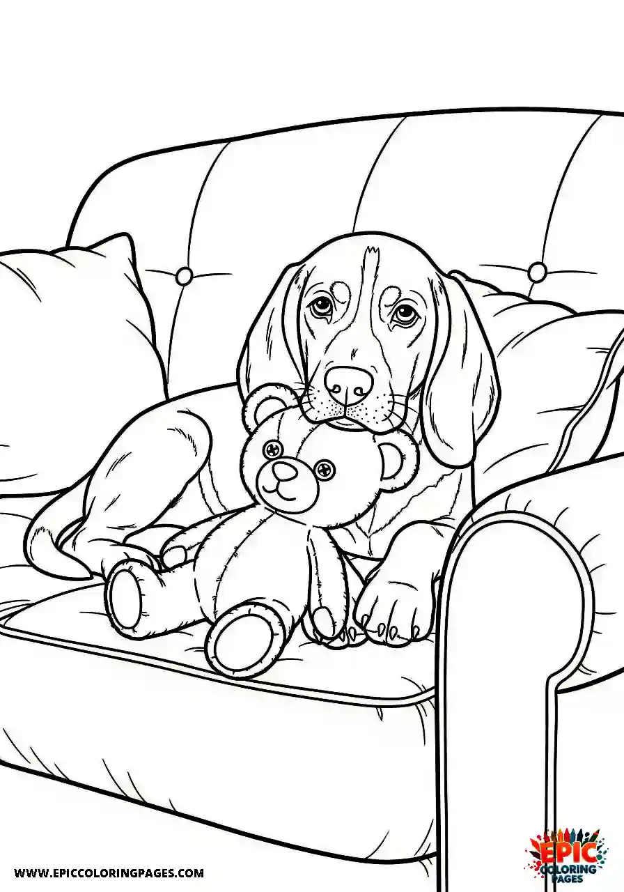 Beagle Manga style beagle harrier puppy snuggling a stuffed toy on the sofa