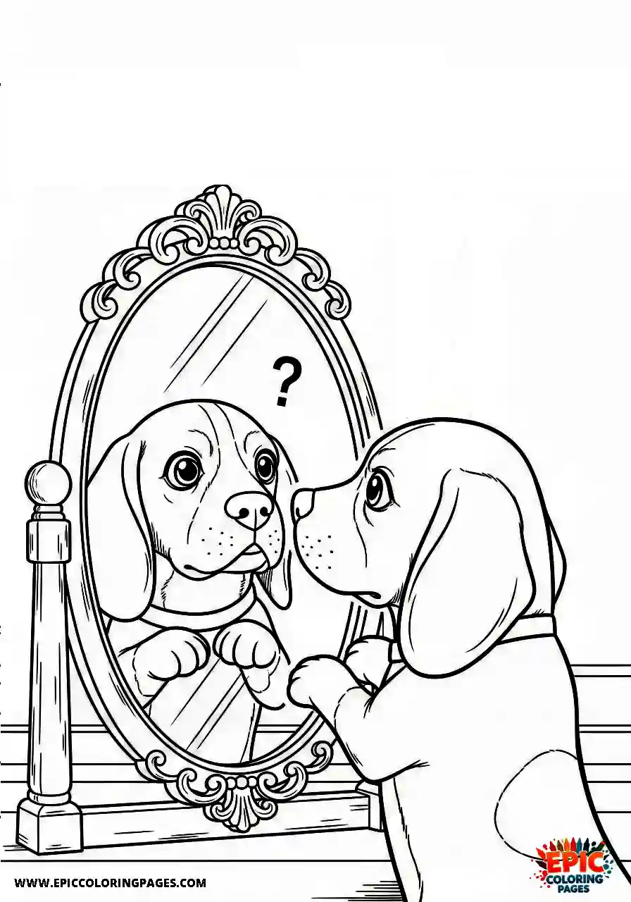 Beagle Manga style beagle pup discovering its reflection in a mirror with a confused look