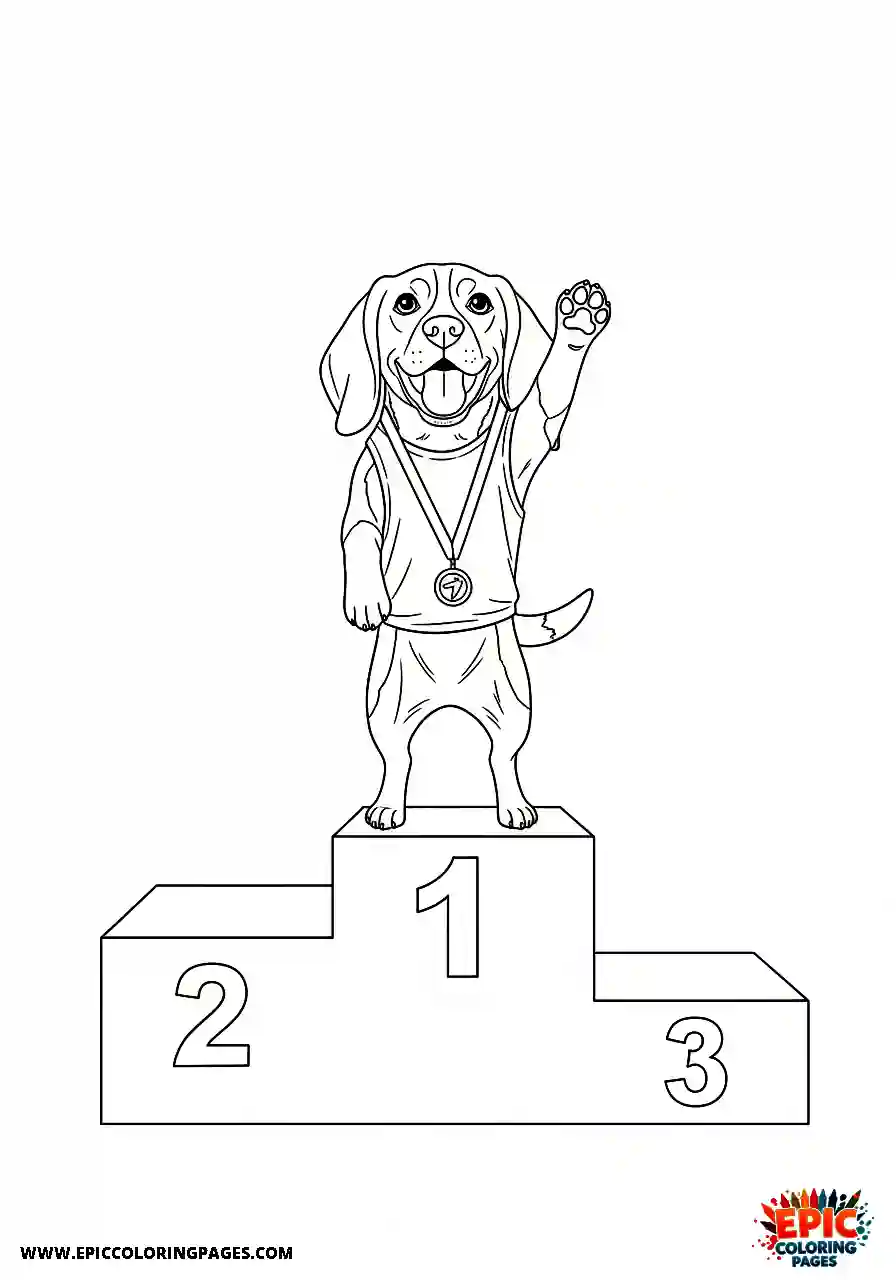 Beagle Manga style beagle triumphant pup standing on a podium as a winner