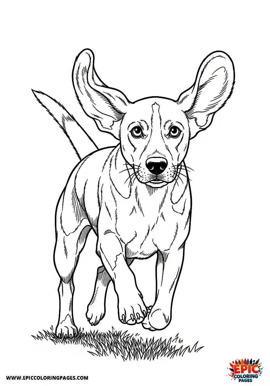 Beagle Manga style fast beagle harrier hound running outside with its long ears flapping
