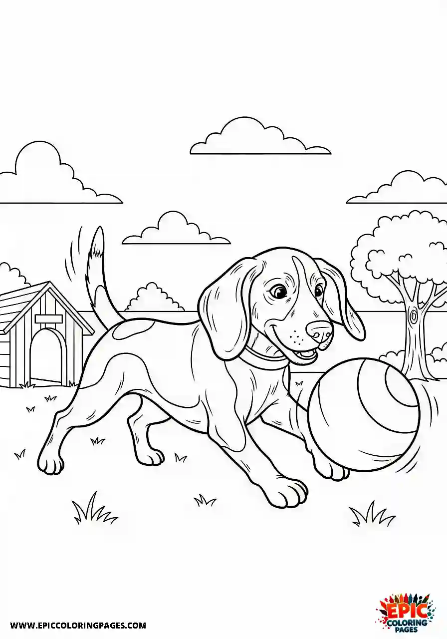 Beagle Playful beagle harrier pup chasing a toy outside