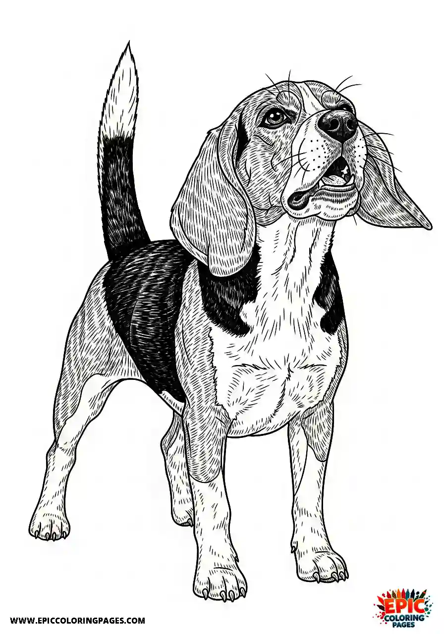Beagle Realistic beagle dog barking with an alert posture and raised hackles