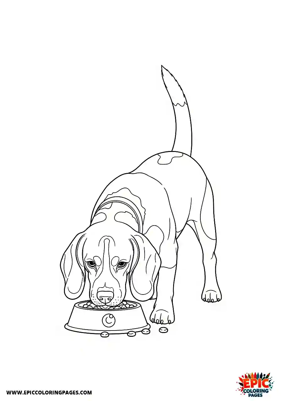 Beagle Realistic beagle dog chewing its meal while staring intently at the dish