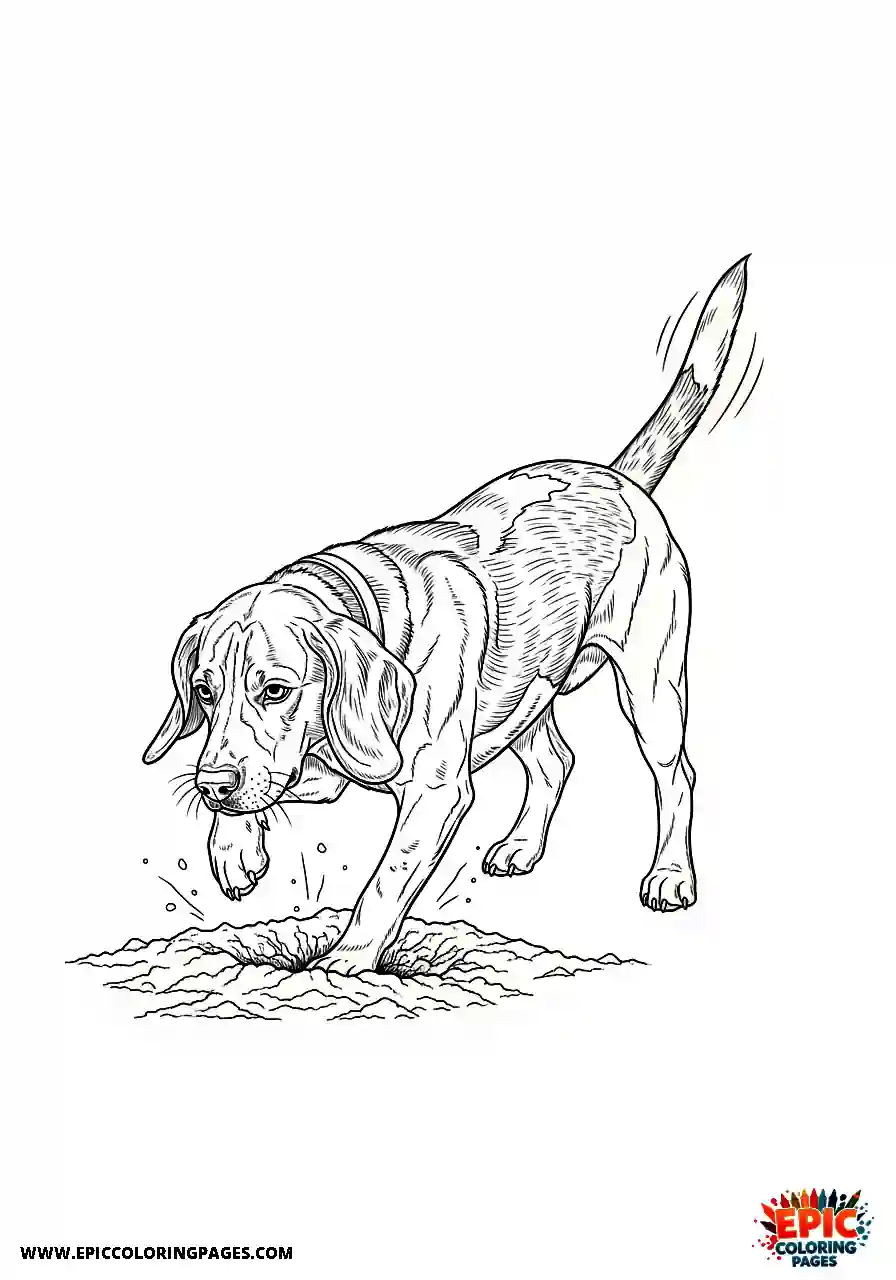 Beagle Realistic beagle harrier digging with front paws actively and excitedly