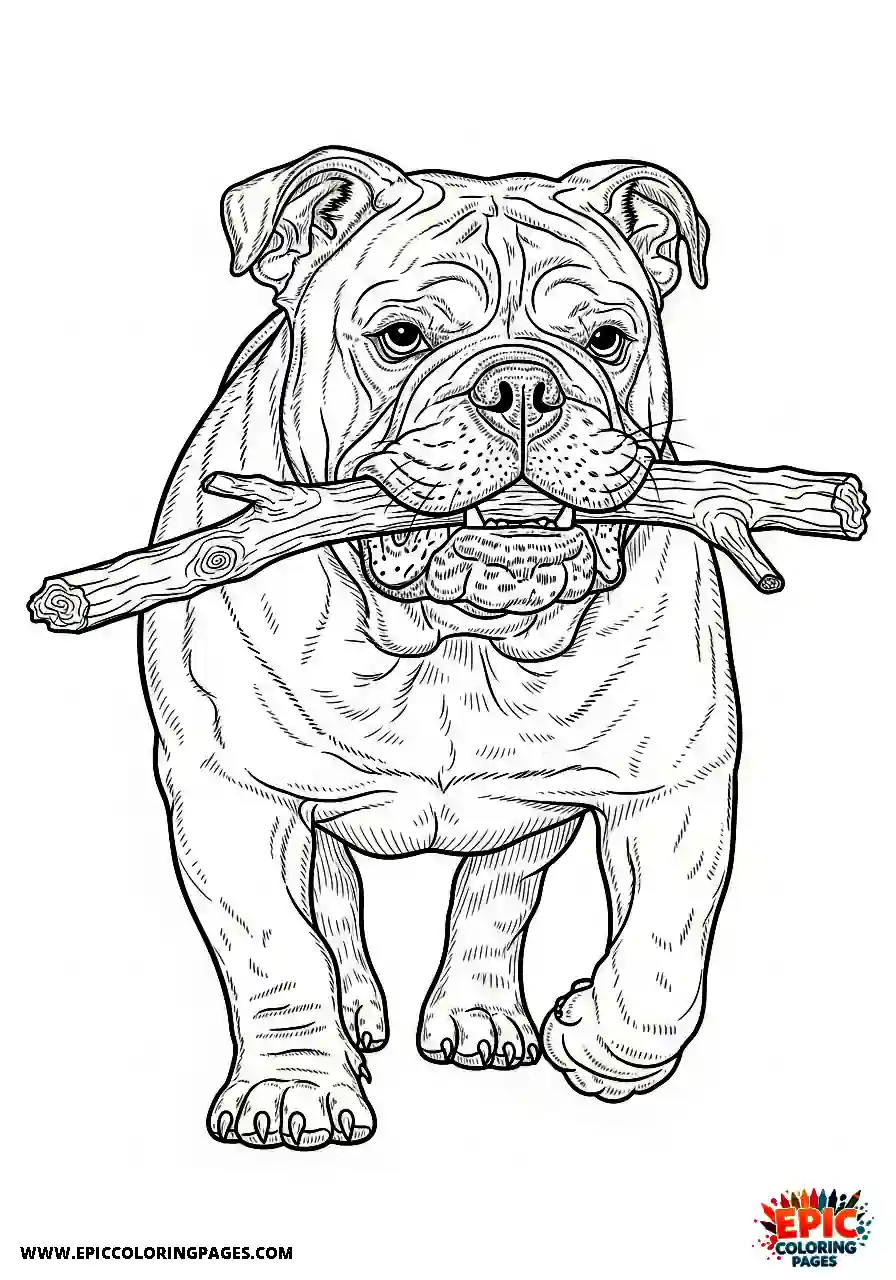 English Bulldog Realistic english bulldog proudly carrying a thick wooden stick
