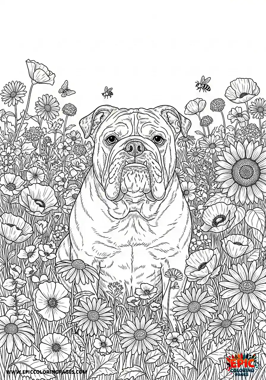 English Bulldog Realistic english bulldog sitting beautifully in a vast field of flowers