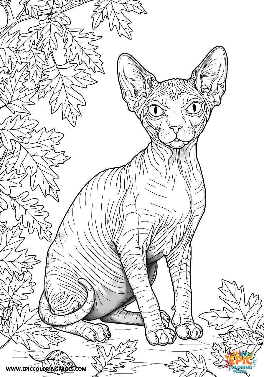 Sphynx The realistic sphynx cat among autumn leaves
