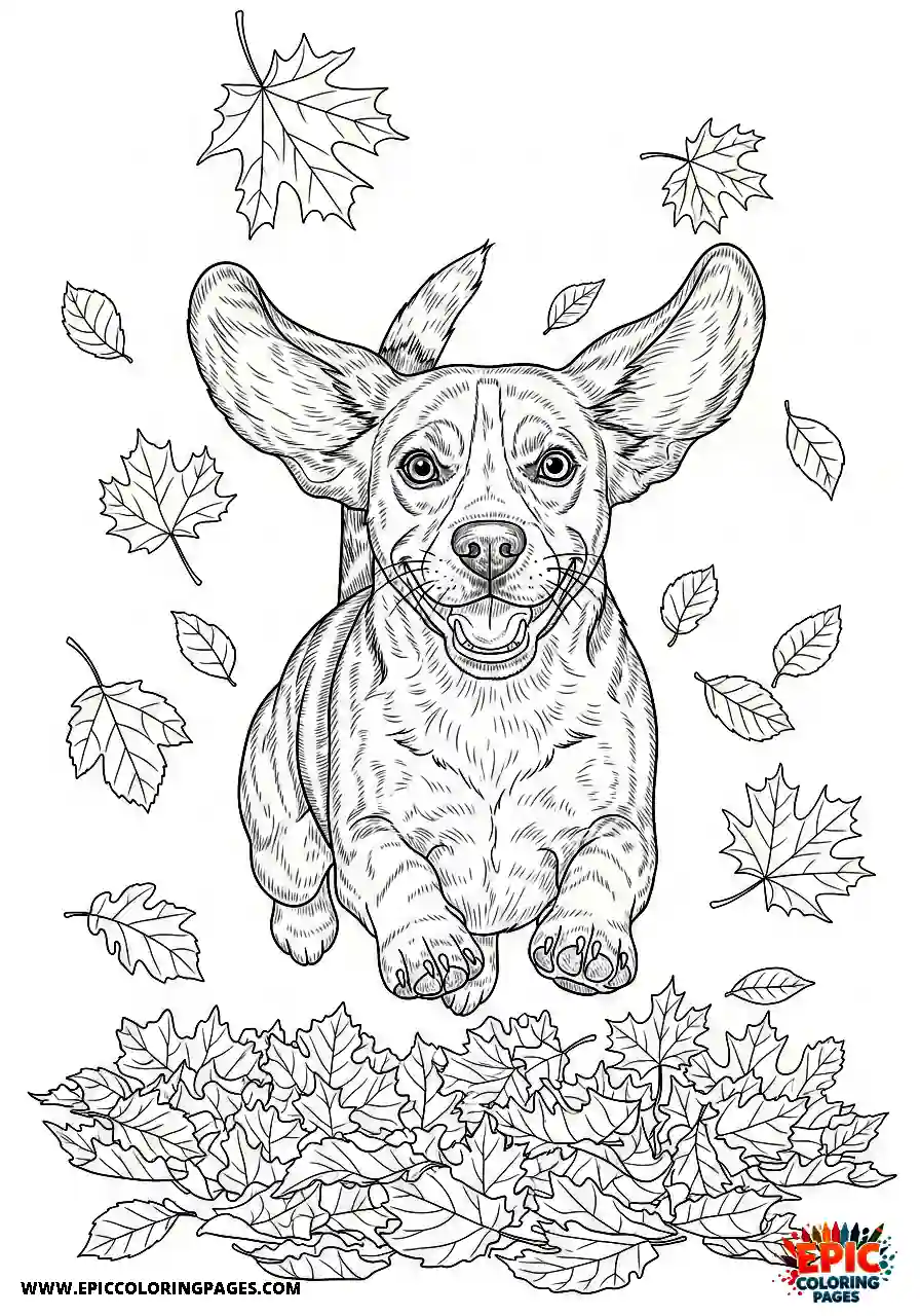 Beagle Realistic style beagle dog bounding joyfully through a pile of autumn leaves