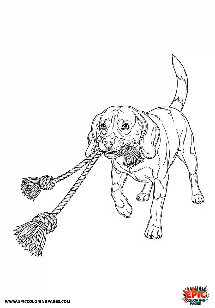Beagle Realistic style beagle pet biting hard and pulling a heavy knot playfully