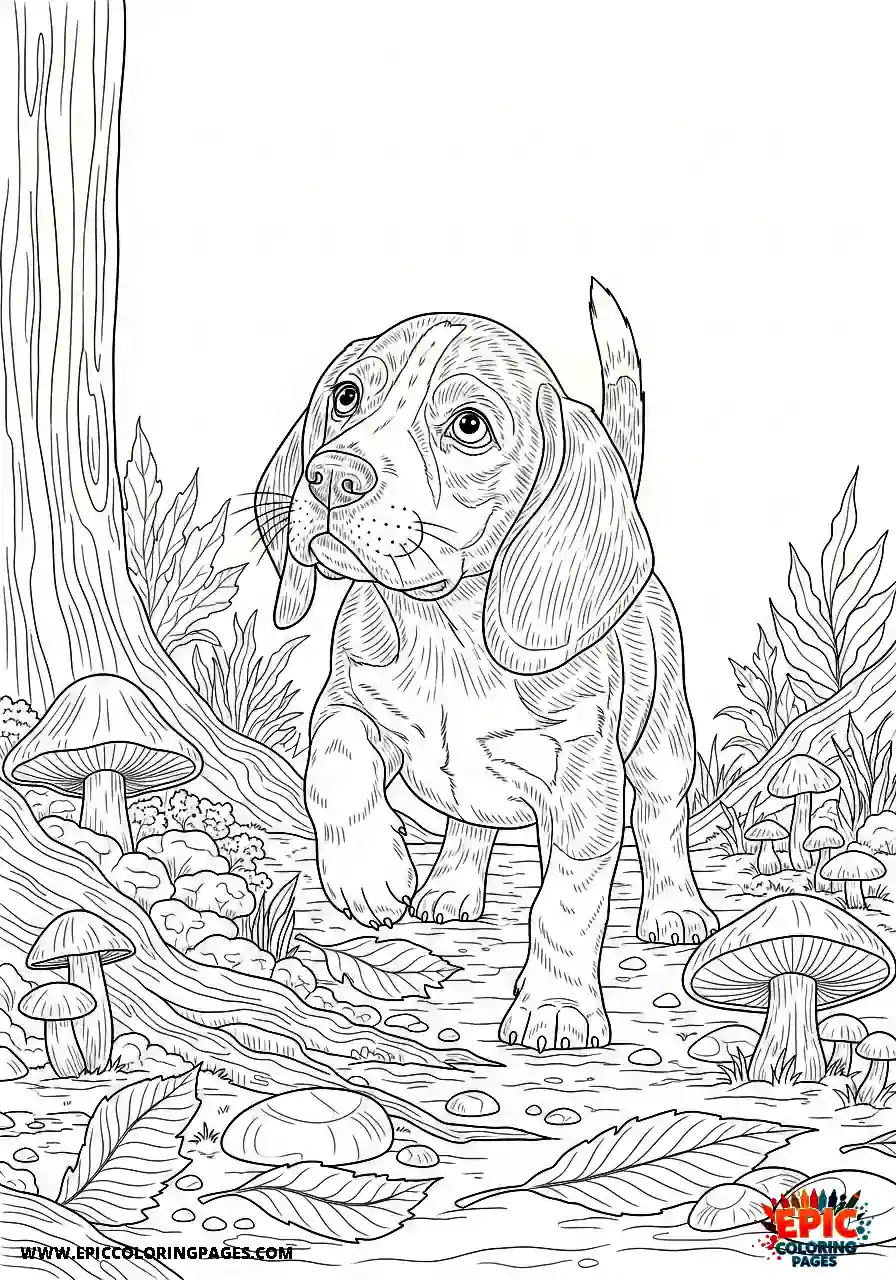 Beagle Realistic style beagle puppy sniffing around an unfamiliar area with careful steps