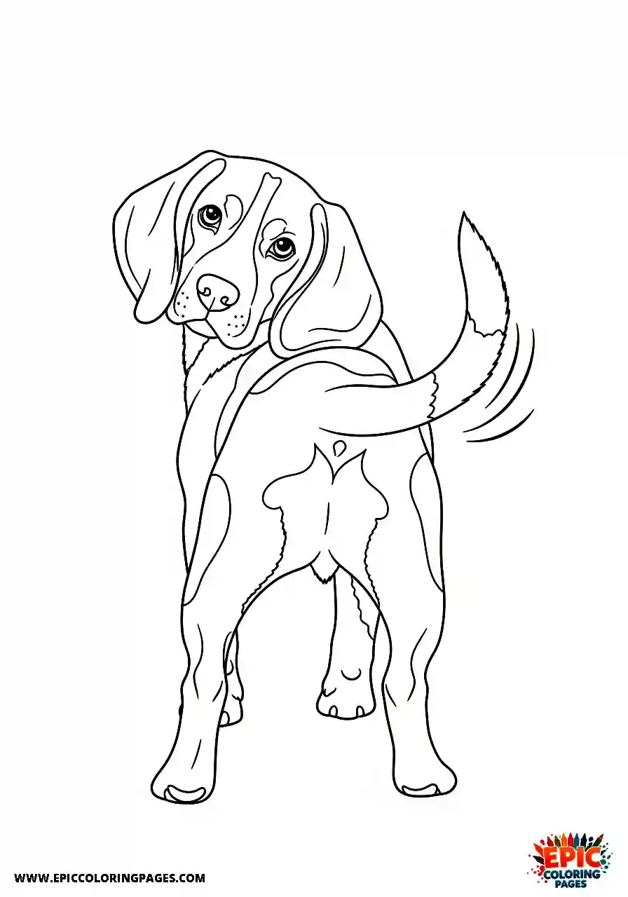 Beagle Realistic style beagle rear view of a dog with a wagging tail looking back over its shoulder