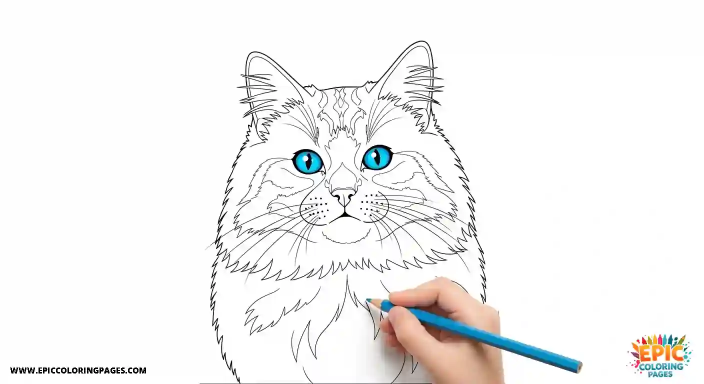Siberian Cat Siberian cat with thick lines, fluffy long fur and expressive eyes in a black and white outline