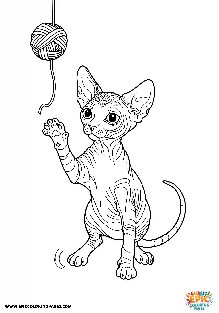 Sphynx Sphynx cat batting at a dangling string of yarn