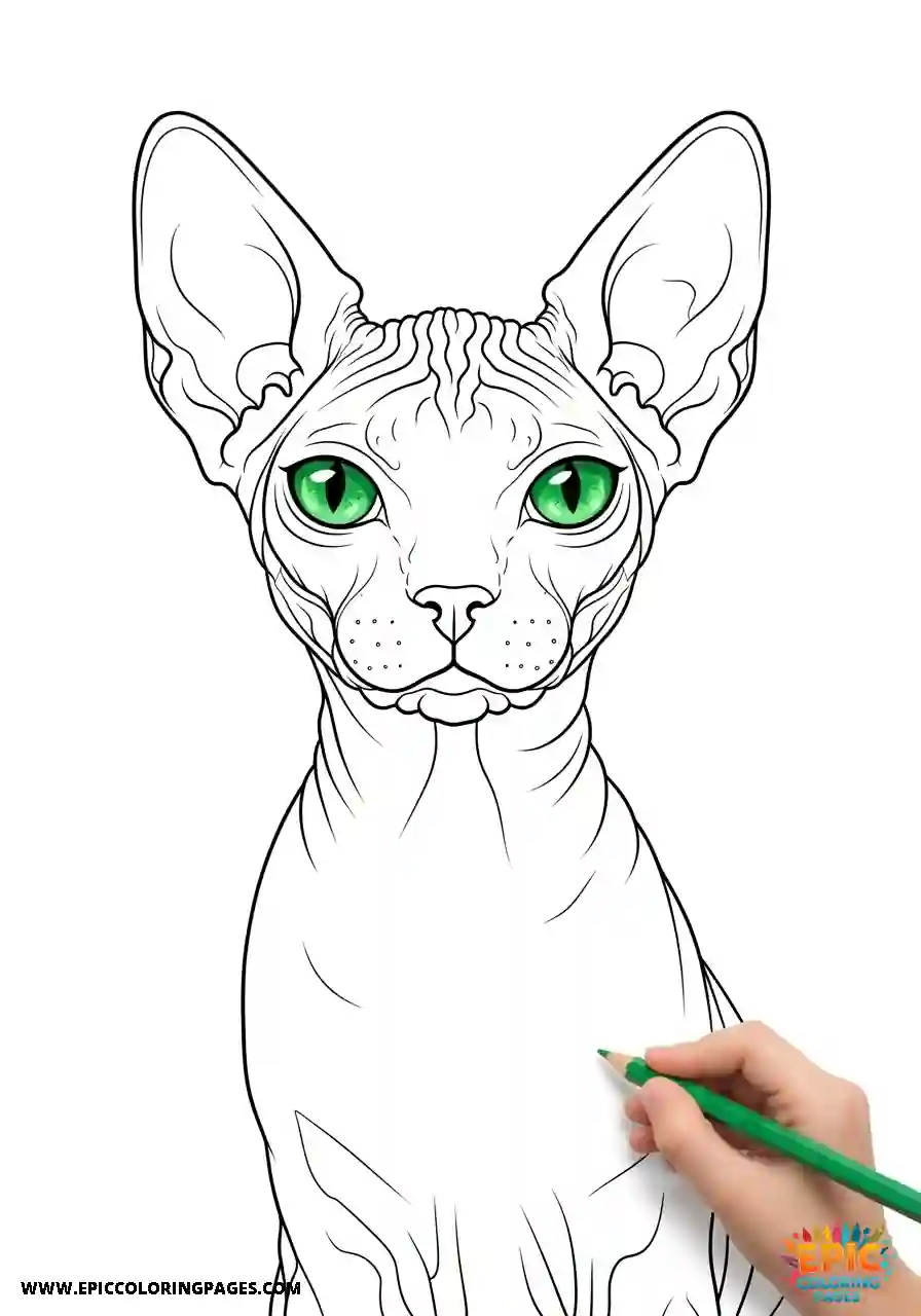 Sphynx Cat coloring Page showing a hairless cat with large ears and defined wrinkles illustrated in thick lines for smooth coloring