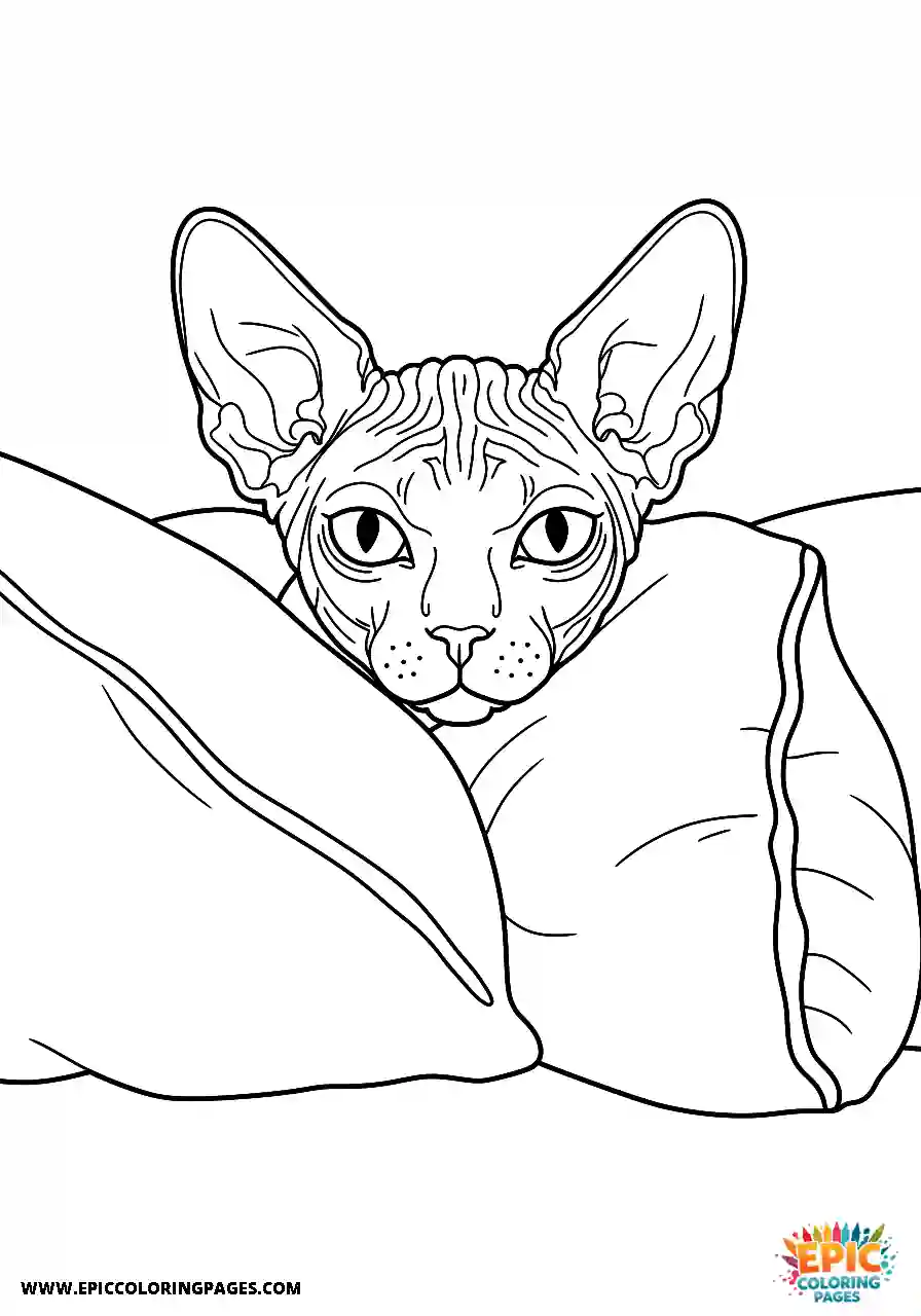 Sphynx Sphynx cat snuggled between two soft pillows