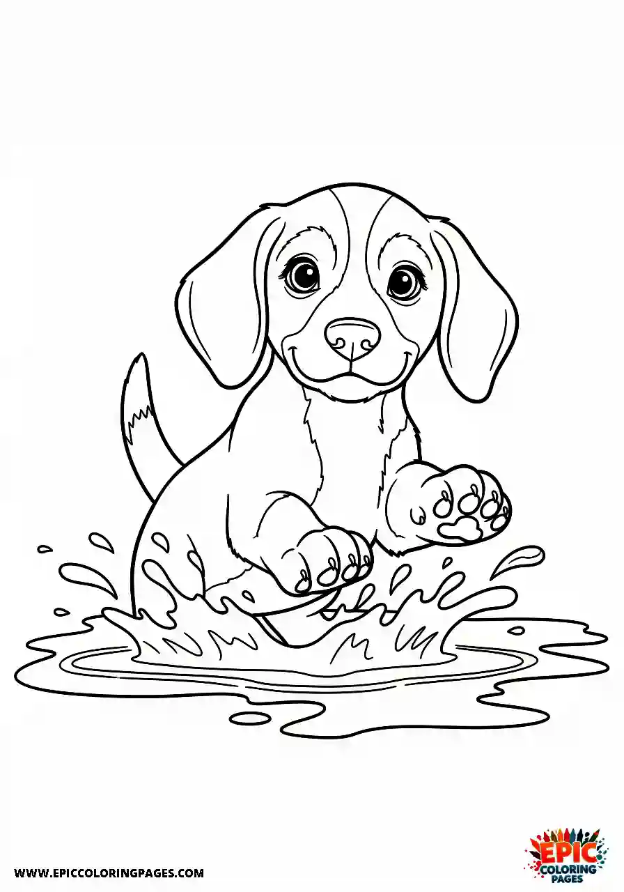Beagle Young beagle harrier hound jumping happily through muddy water