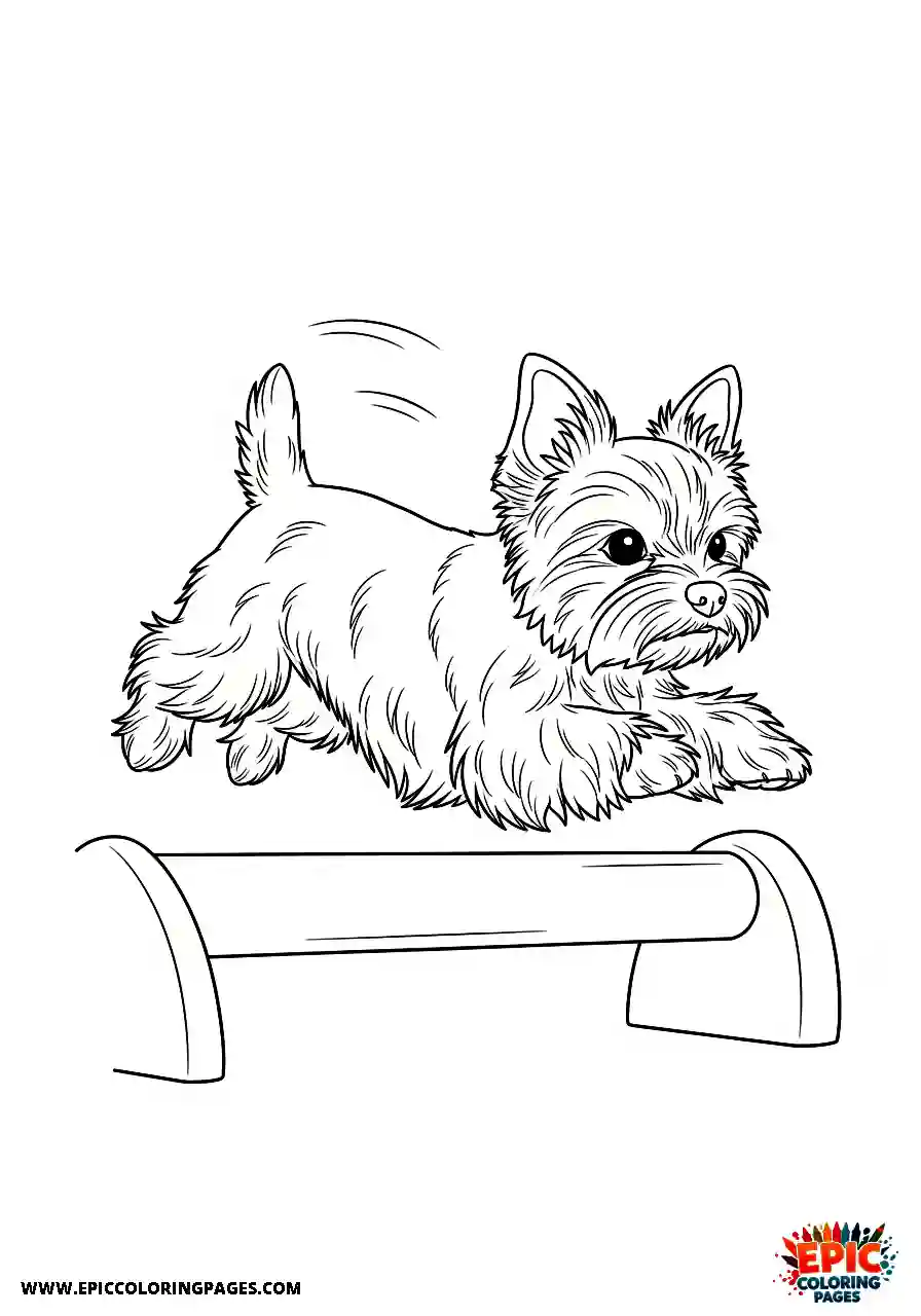 Yorkshire Terrier The agile Yorkshire terrier leaping over a wooden obstacle in manga style