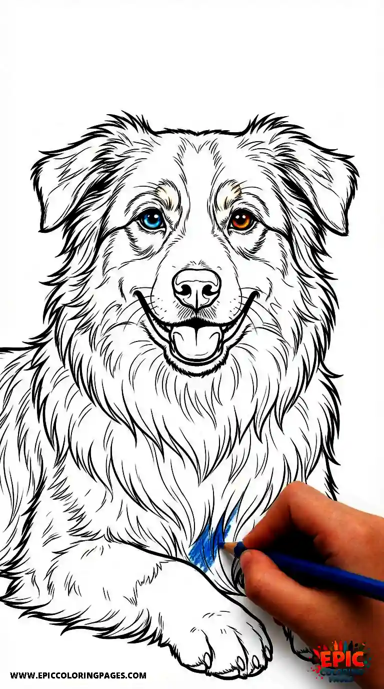 Australian Shepherd coloring page featuring a happy dog with distinctive markings and fluffy coat
