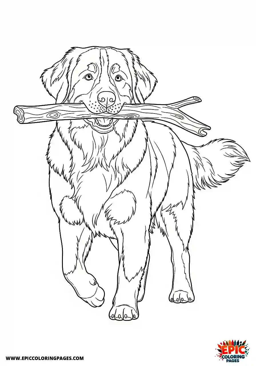 Bernese Mountain Dog Bernese mountain in realistic style carrying a large branch