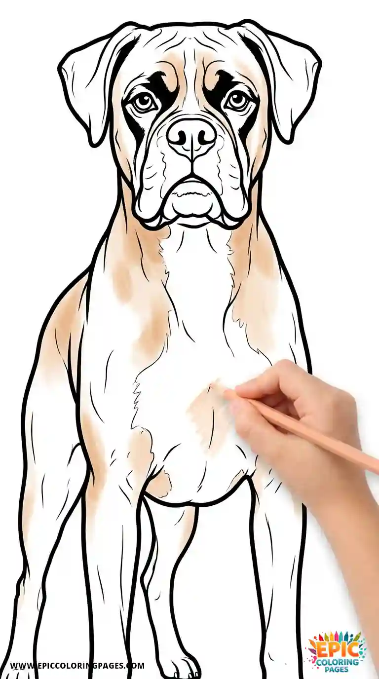 Boxer Dog coloring page showcasing thick outlines and playful pose ideal for kids and beginners