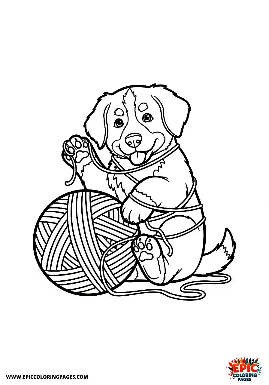 Bernese Mountain Dog Cartoon style Bernese mountain tangled in a ball of yarn