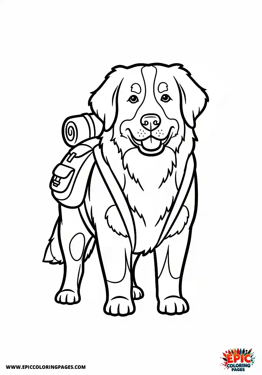 Bernese Mountain Dog Cartoon style Bernese mountain wearing a hiking backpack