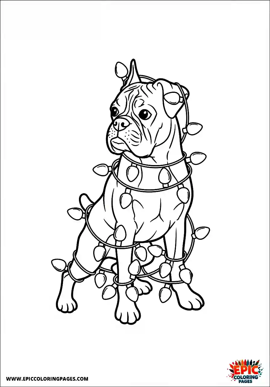 Boxer Cartoon style boxer dog getting tangled in holiday lights