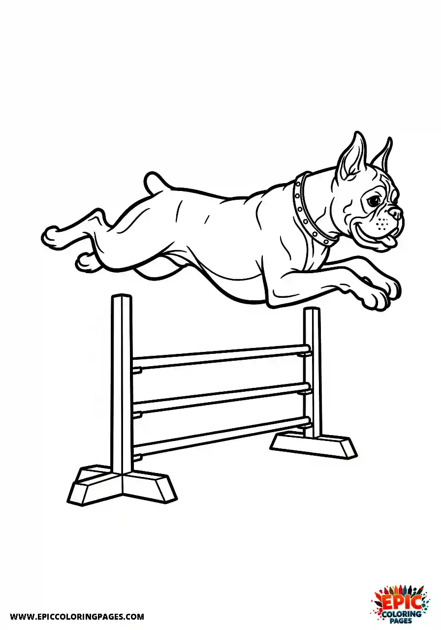 Boxer Cartoon style boxer dog jumping across a tiny fence