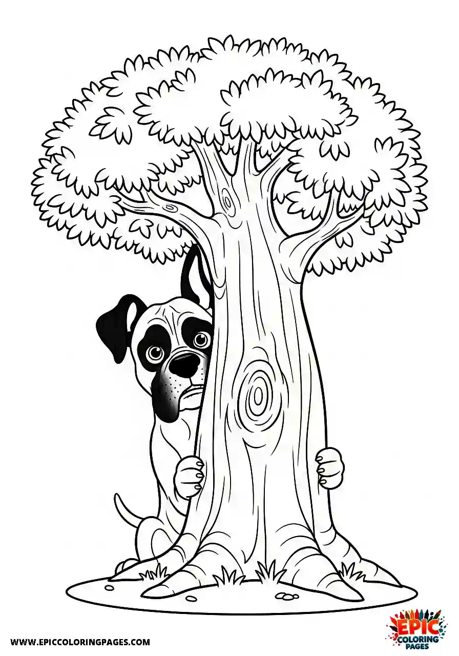 Boxer Cartoon style boxer dog playing peek a boo behind a large tree