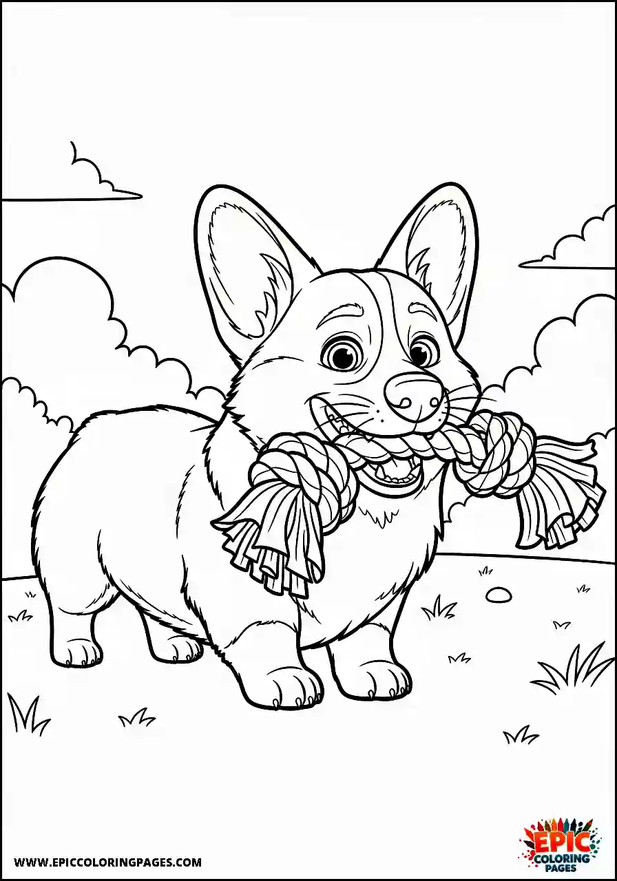 Pembroke Welsh Corgi Cartoon style pembroke welsh corgi pup chewing on a heavy rope toy