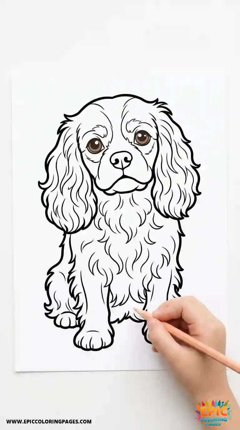 Cavalier King Charles Spaniel coloring page featuring a sweet-faced spaniel with flowing ears and thick lines for easy coloring